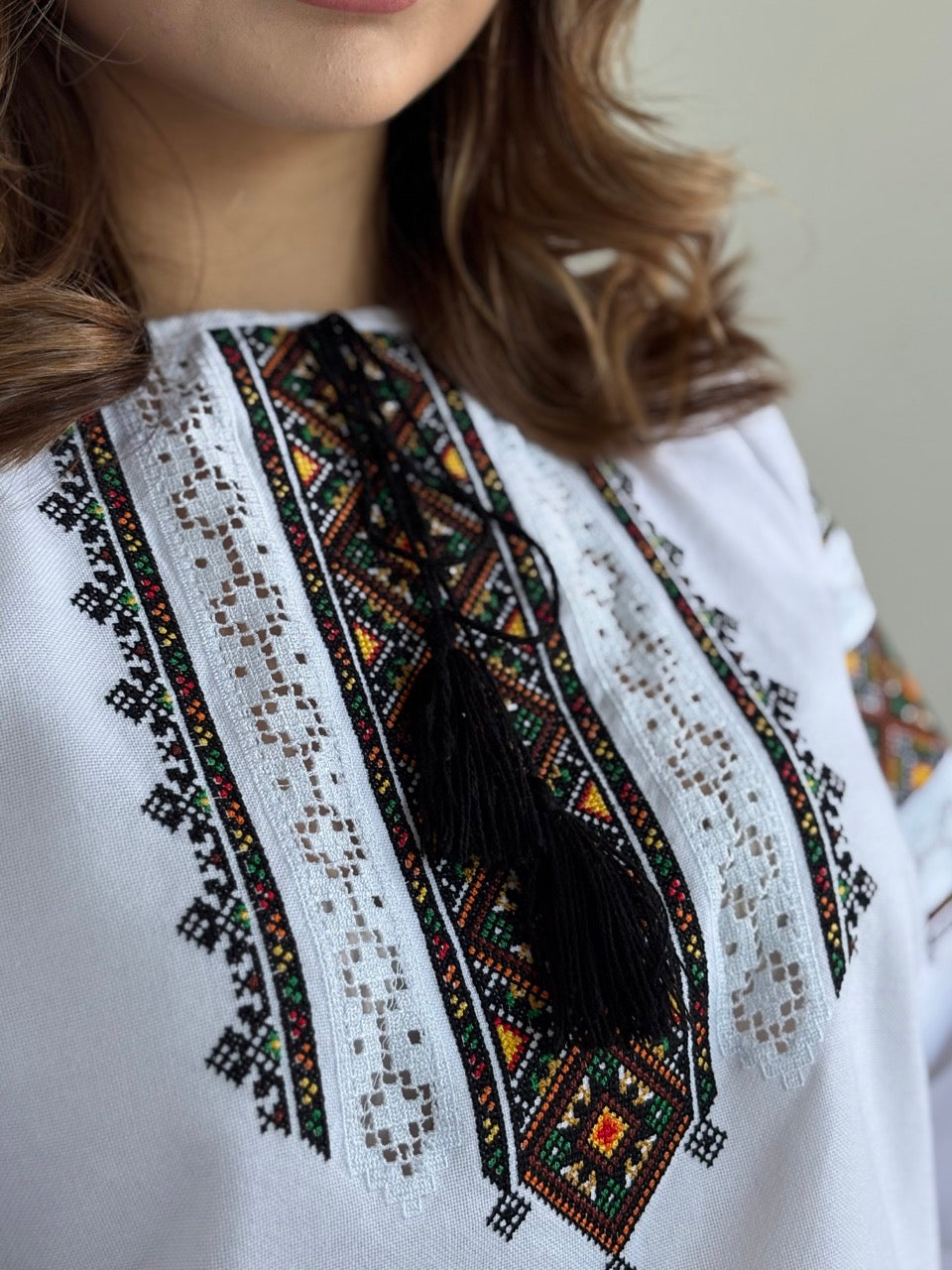 The White Blouse with Elegant Dark Embroidery and Richelieu