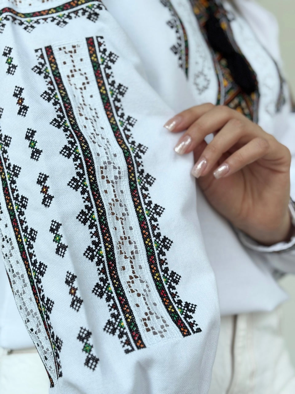 The White Blouse with Elegant Dark Embroidery and Richelieu