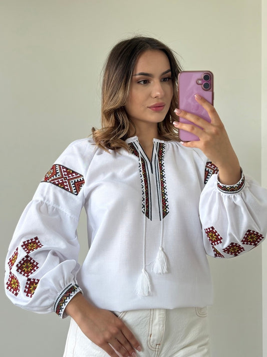 White Blouse with Colorful Traditional-Style Embroidery