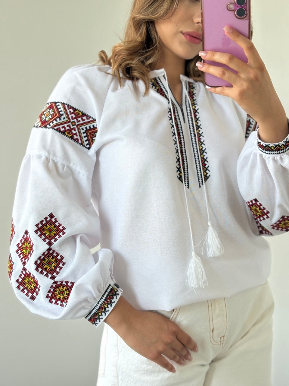 White Blouse with Colorful Traditional-Style Embroidery