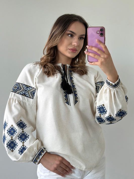 Linen Blouse with Blue Traditional-Style Embroidery