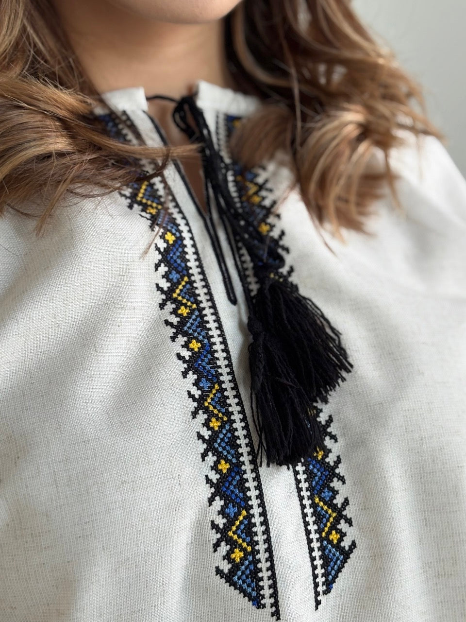 Linen Blouse with Blue Traditional-Style Embroidery