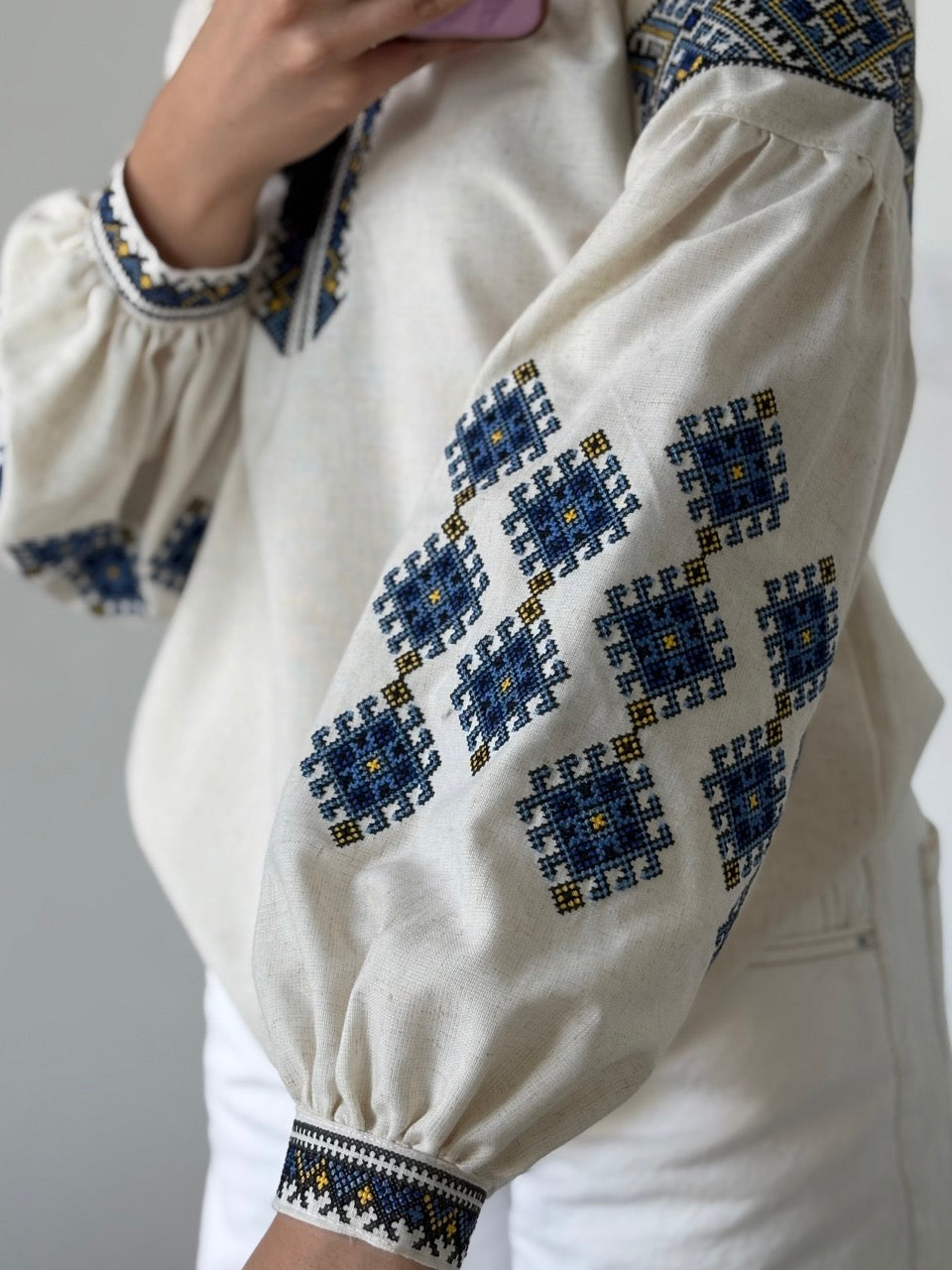 Linen Blouse with Blue Traditional-Style Embroidery