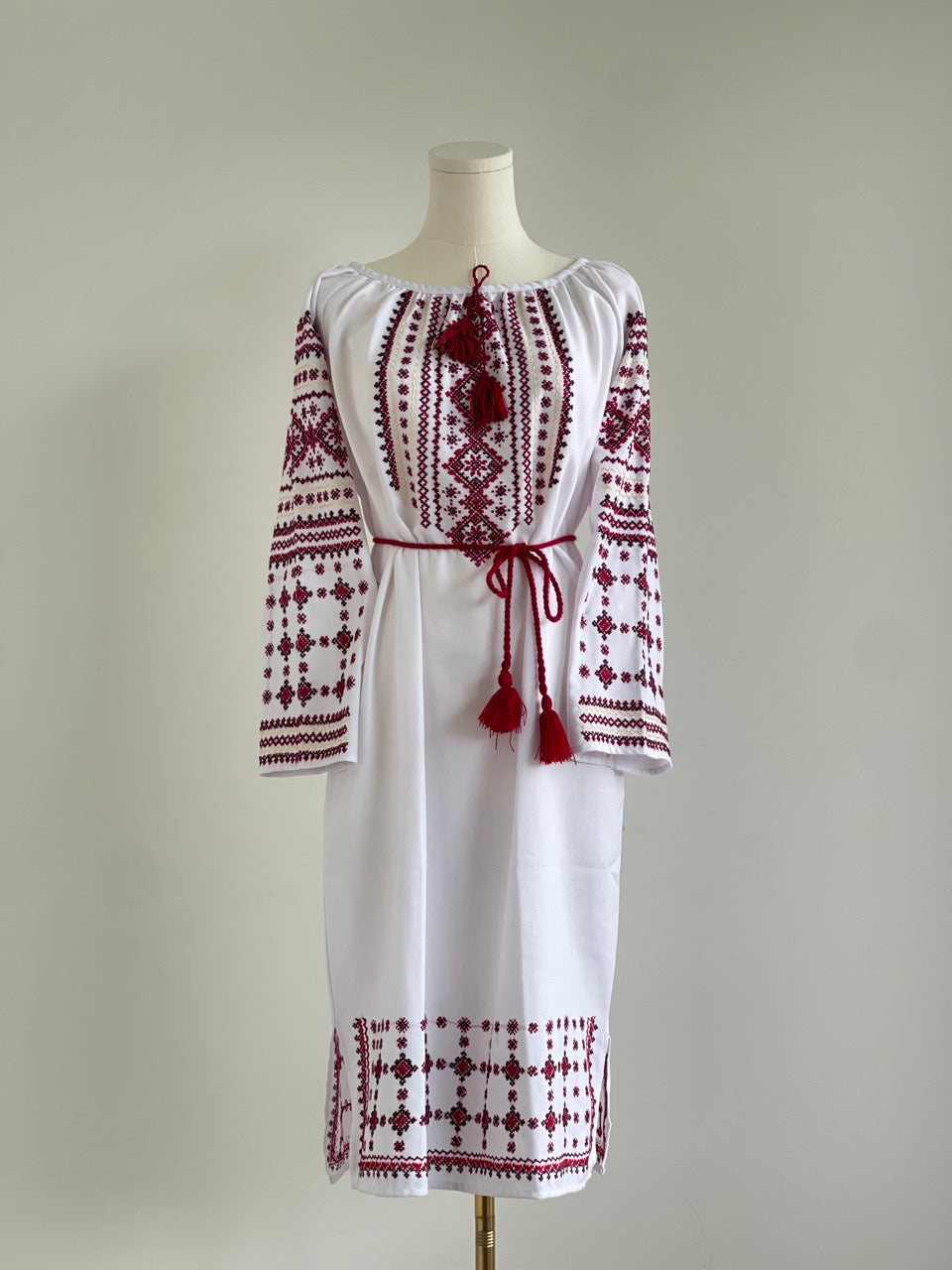 The White Dress with Black&Red Hand Embroidery The White Dress with Black&Red Hand Embroidery