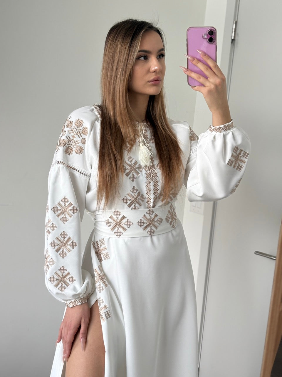 White Dress with Golden Embroidery and a side slit