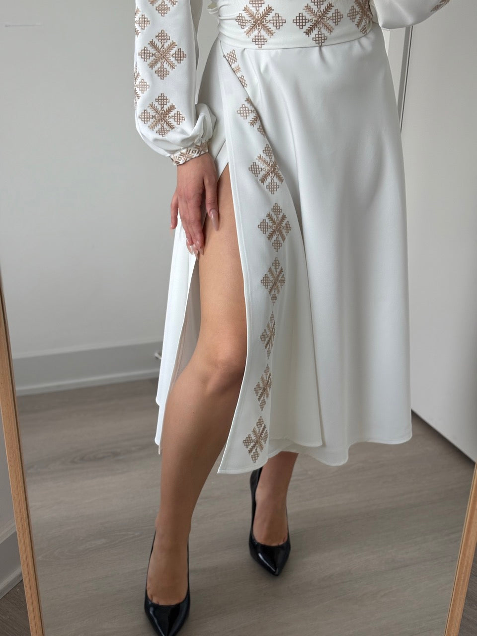 White Dress with Golden Embroidery and a side slit