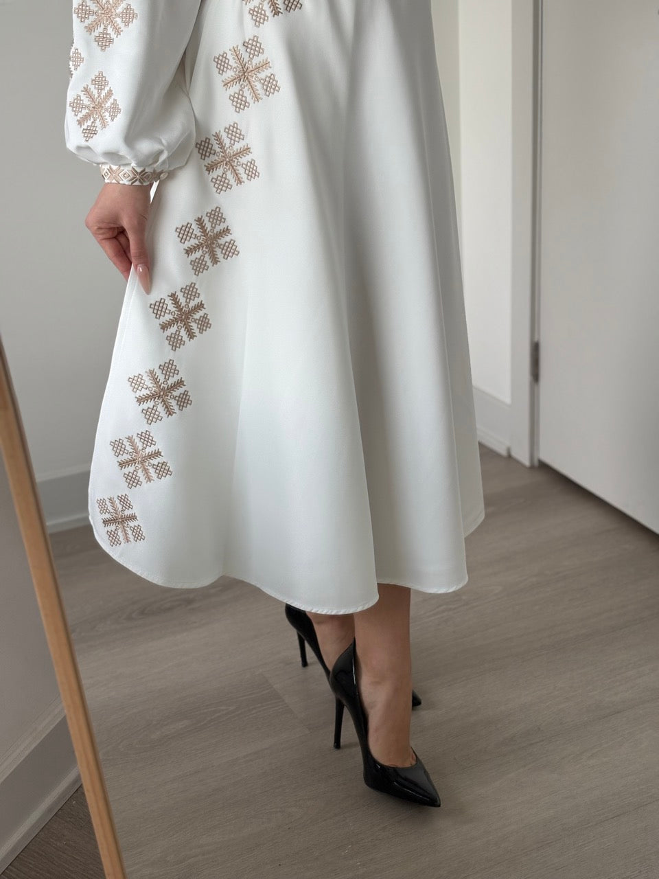 White Dress with Golden Embroidery and a side slit