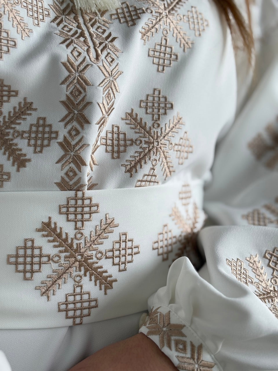 White Dress with Golden Embroidery and a side slit