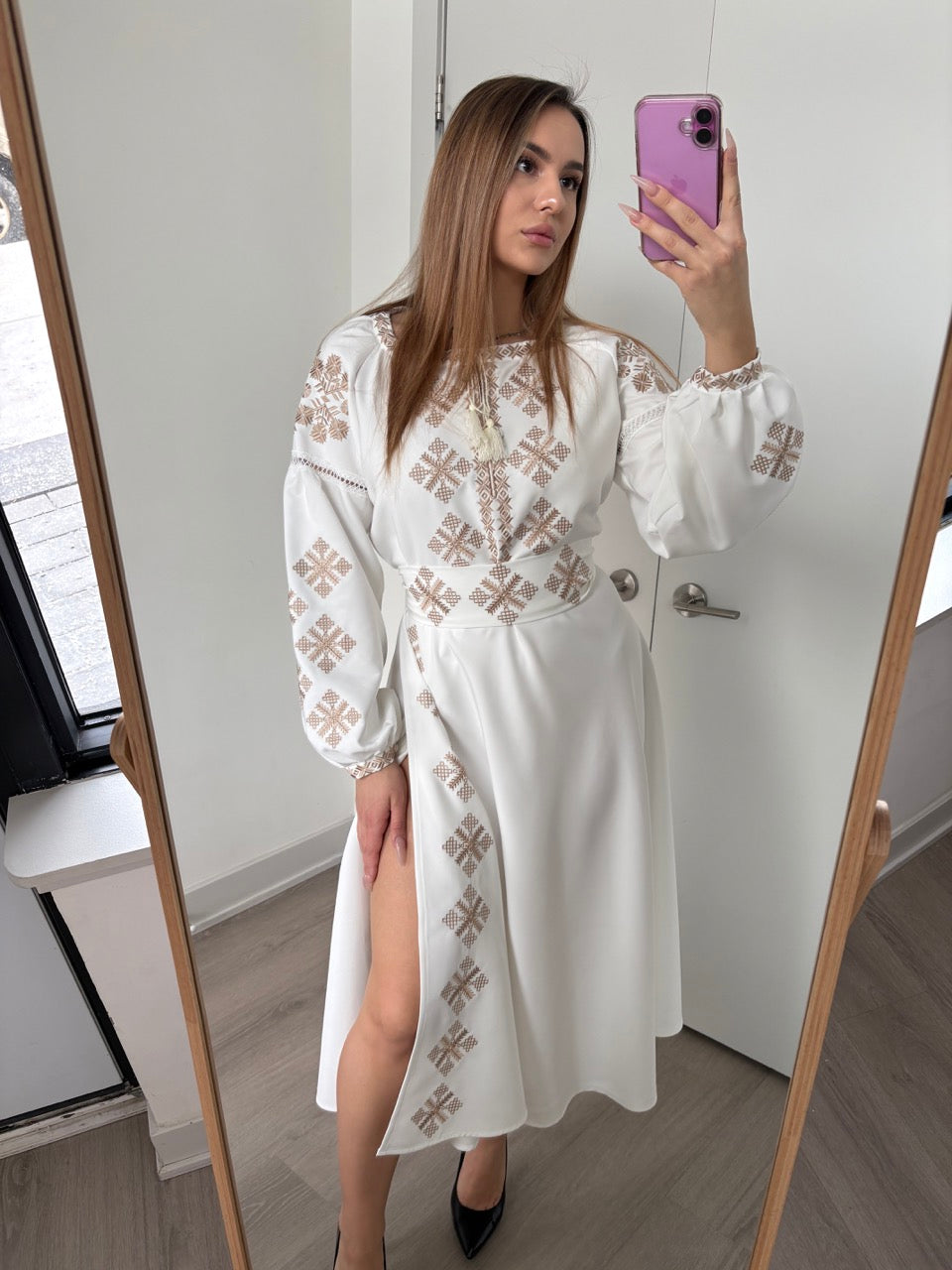 White Dress with Golden Embroidery and a side slit