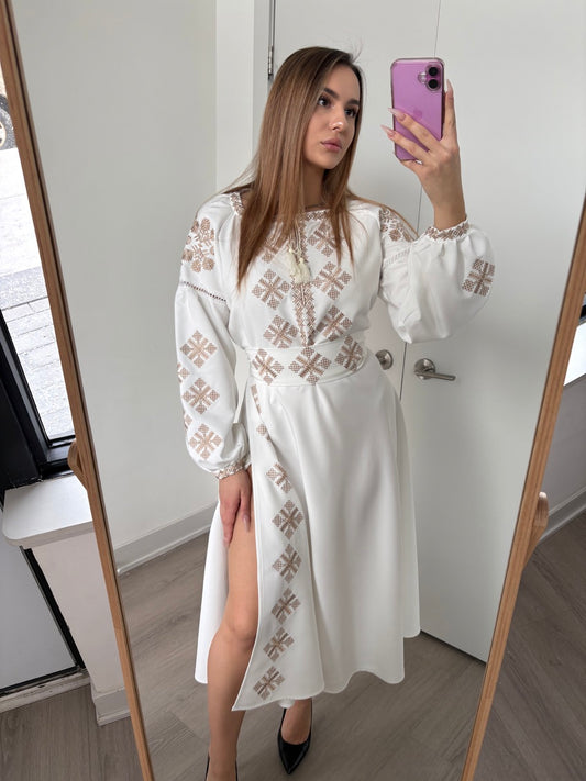 White Dress with Golden Embroidery and a side slit