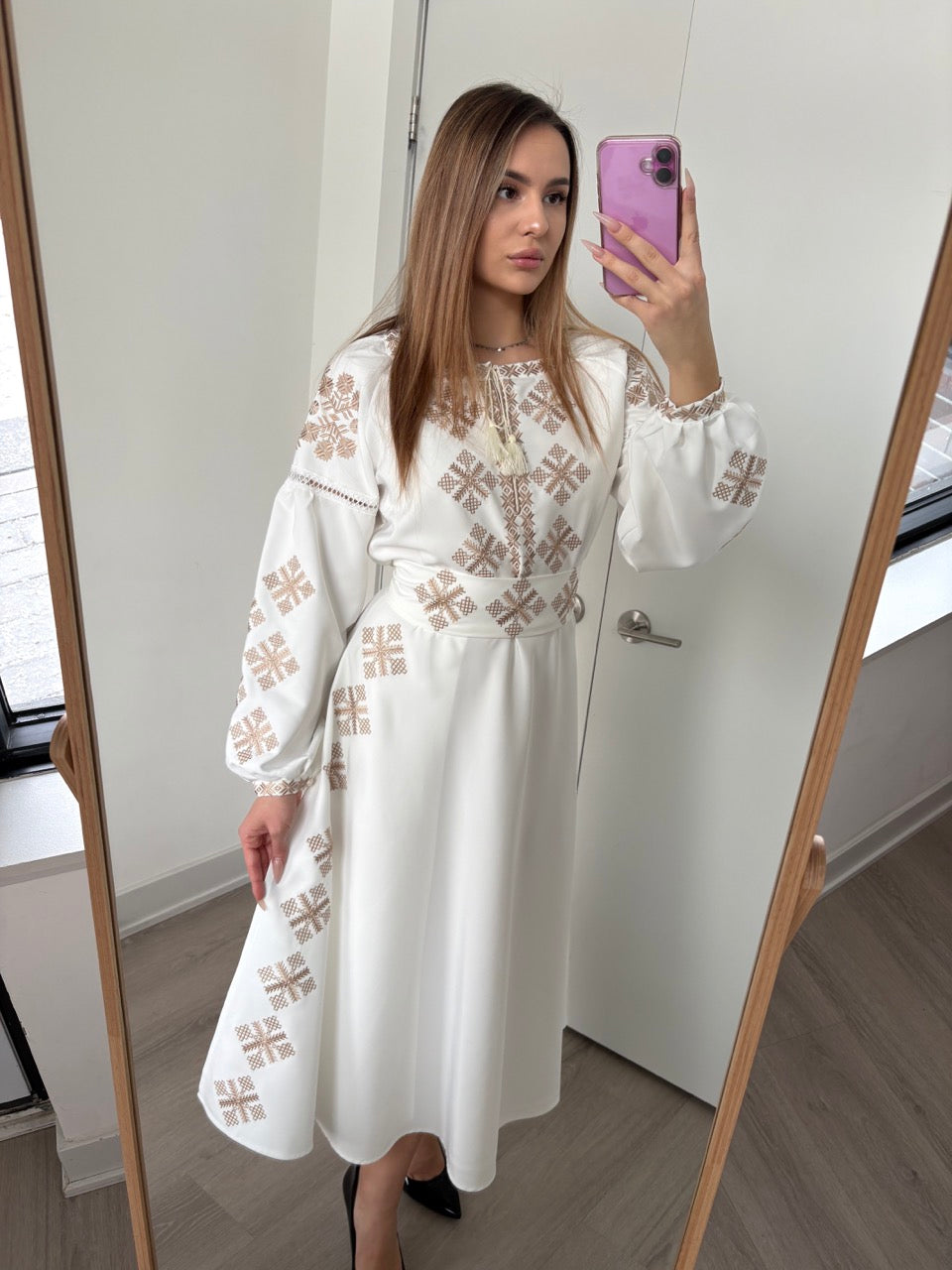 White Dress with Golden Embroidery and a side slit