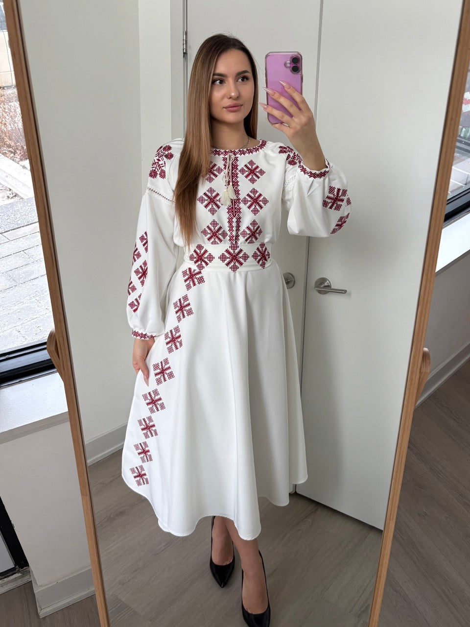 White Dress with Red Embroidery and a side slit