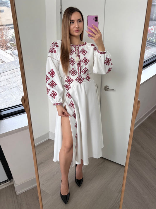 White Dress with Red Embroidery and a side slit