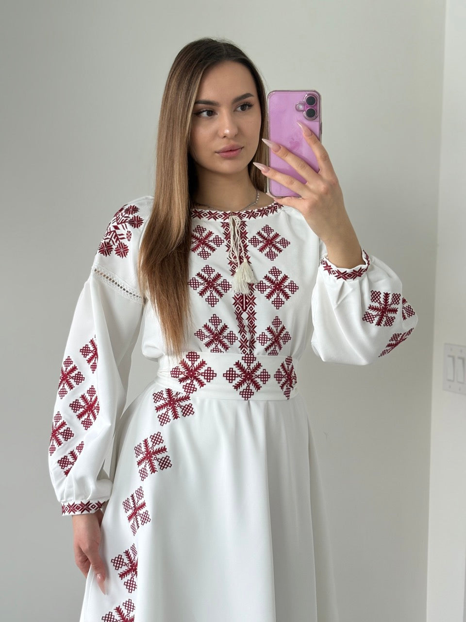 White Dress with Red Embroidery and a side slit