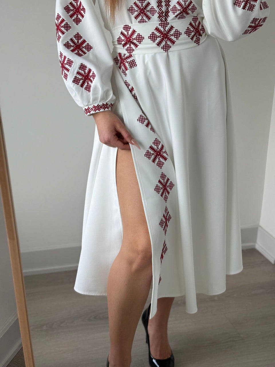 White Dress with Red Embroidery and a side slit