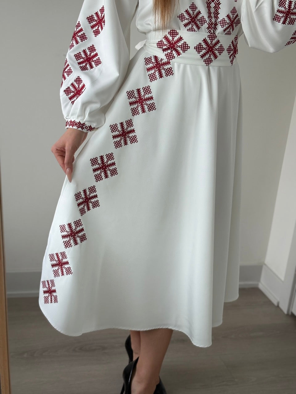 White Dress with Red Embroidery and a side slit