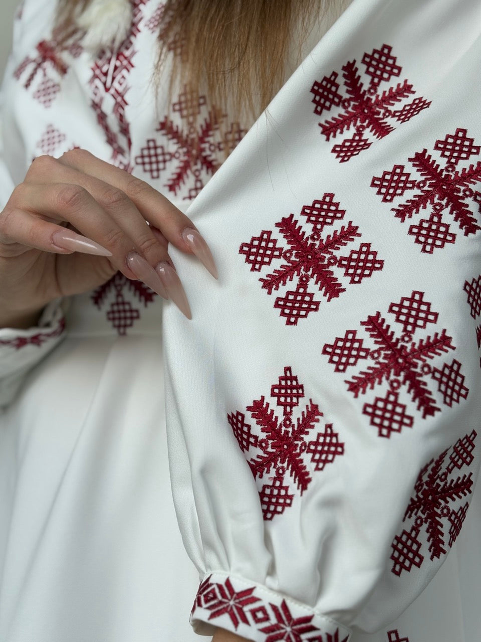 White Dress with Red Embroidery and a side slit