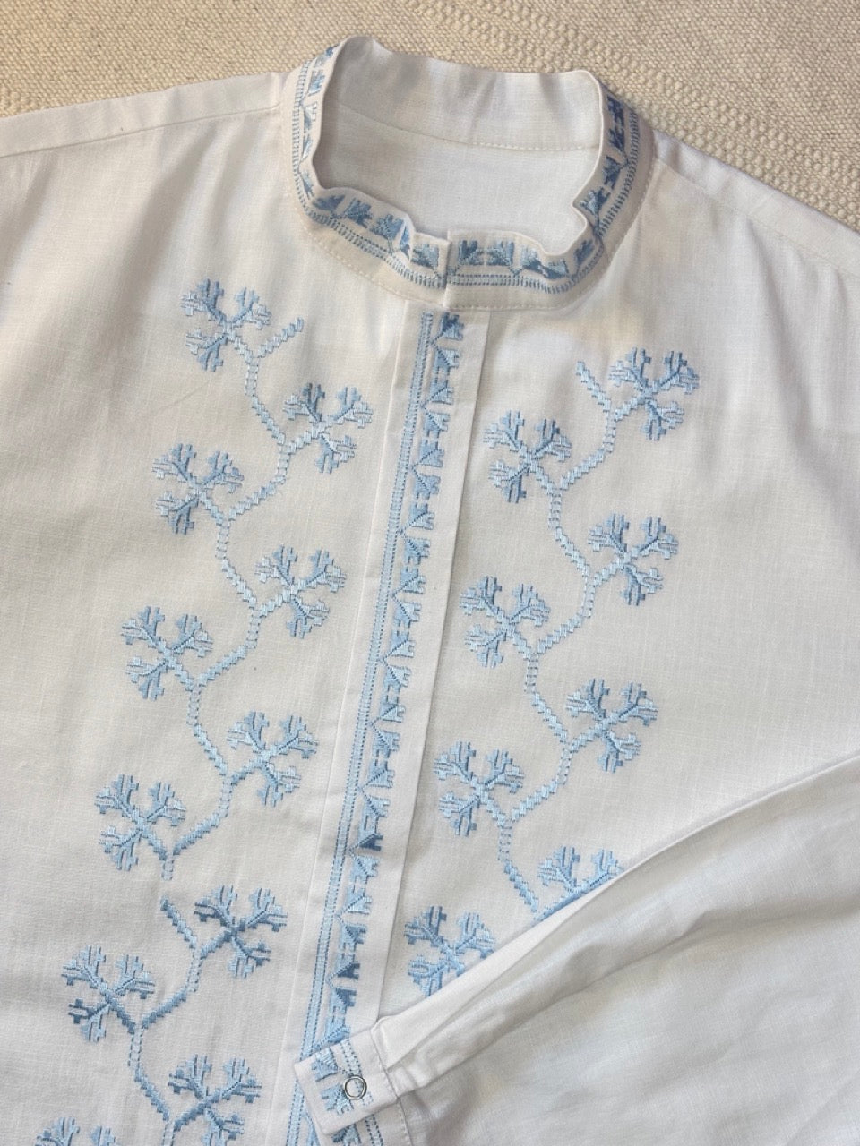 White Linen Men's with Blue Embroidery