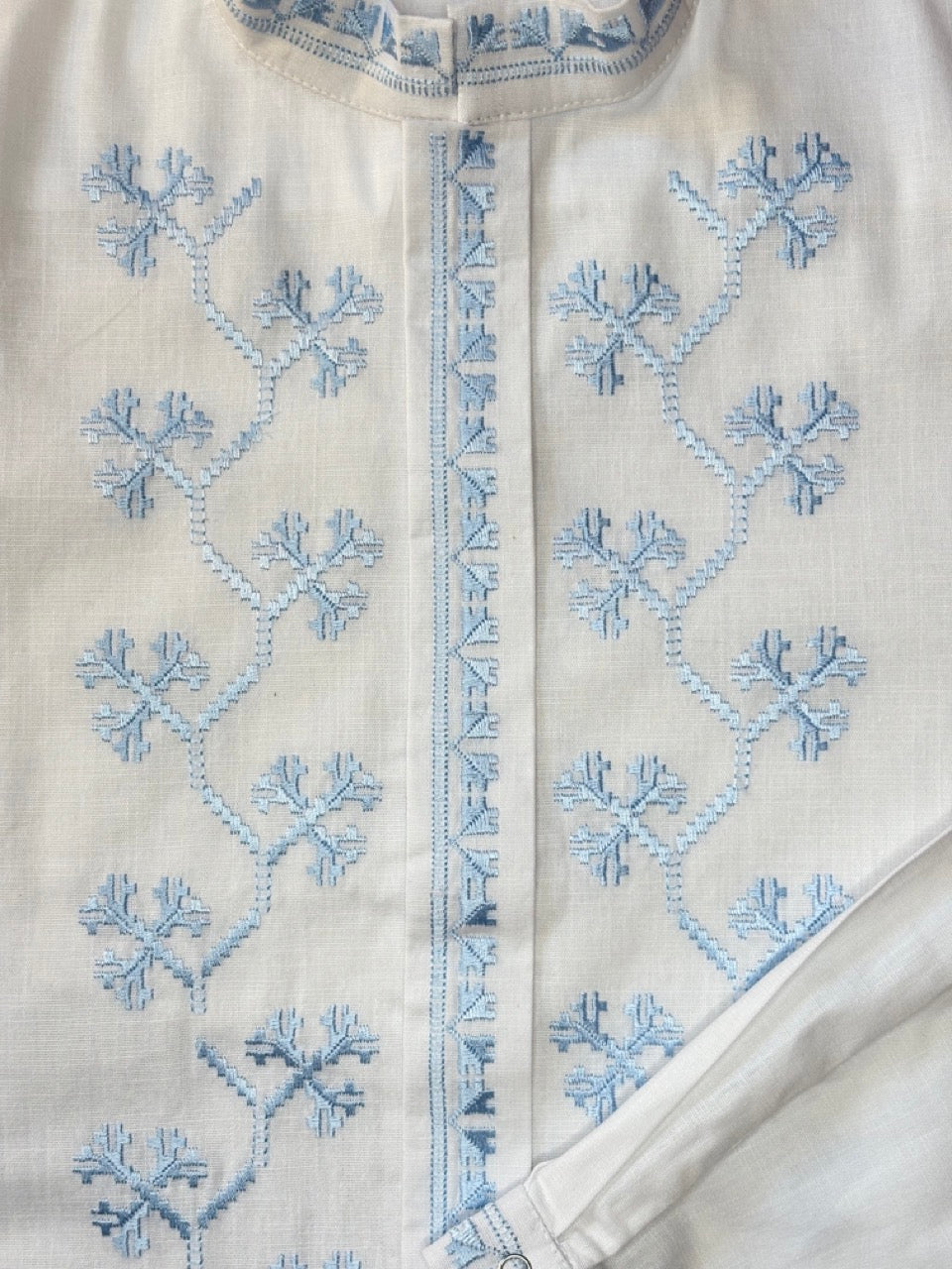 White Linen Men's with Blue Embroidery