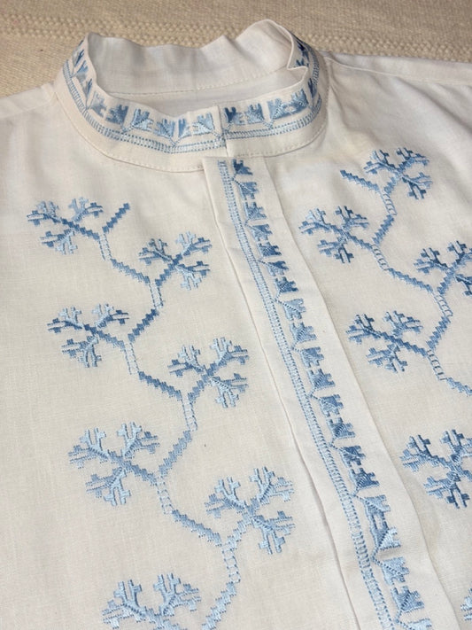 White Linen Men's with Blue Embroidery