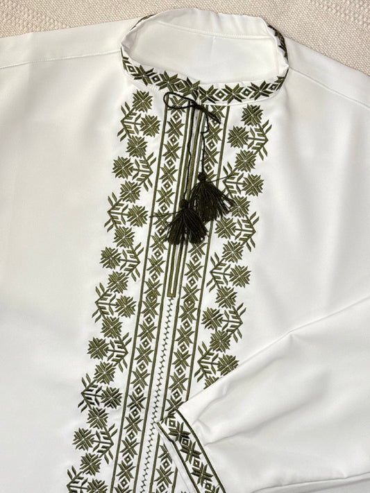 White Men's Vyshyvanka Shirt with Green Embroidery