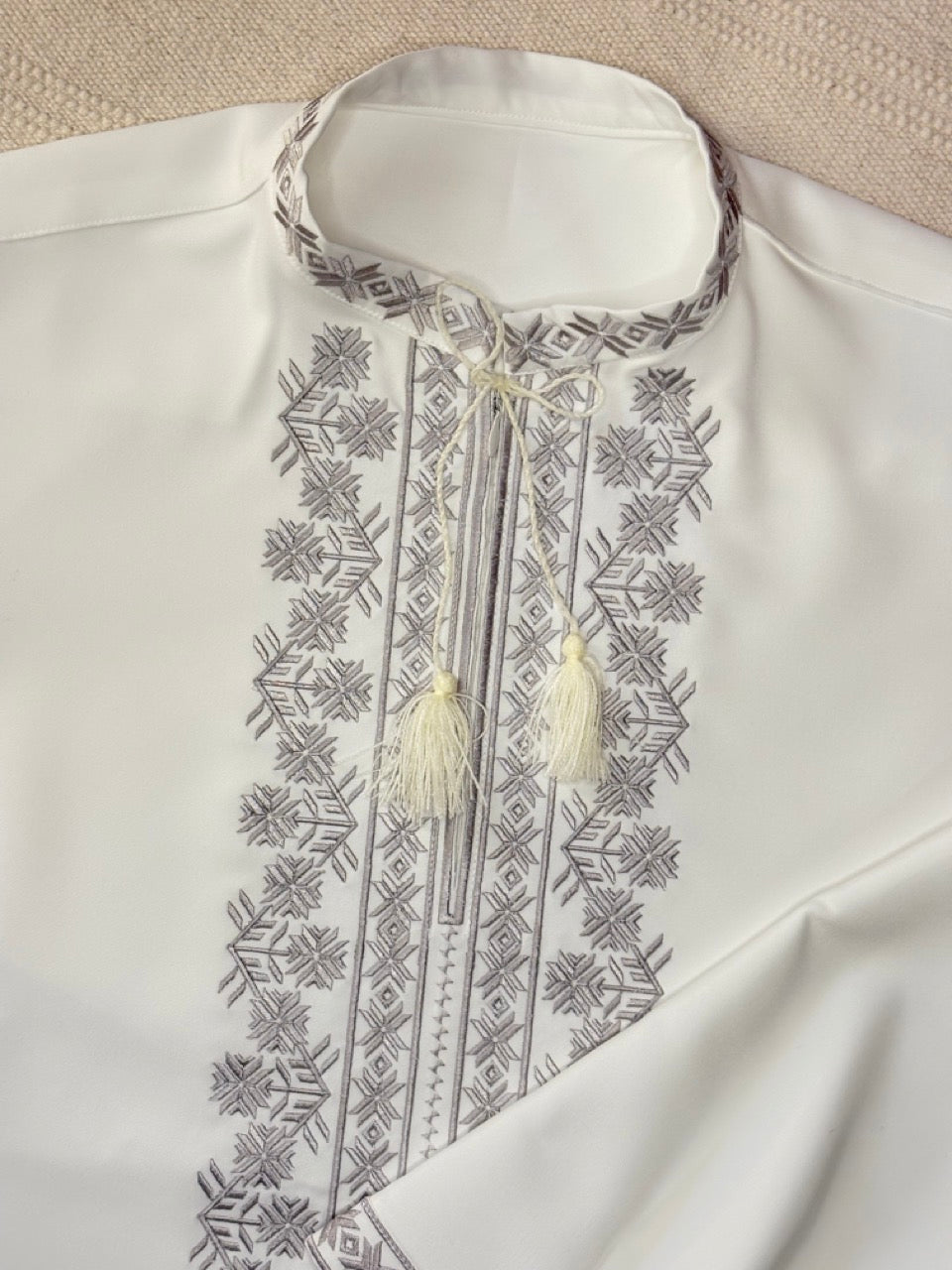 White Men's Vyshyvanka Shirt with Grey Embroidery