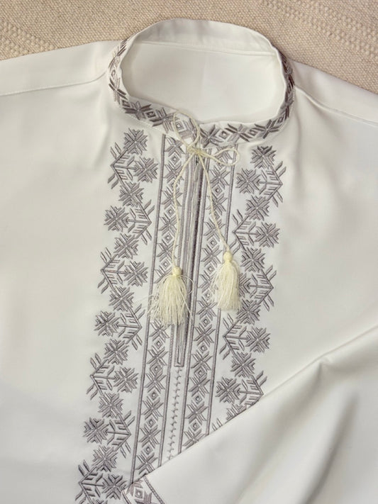 White Men's Vyshyvanka Shirt with Grey Embroidery