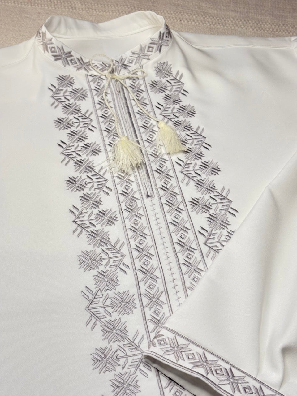 White Men's Vyshyvanka Shirt with Grey Embroidery