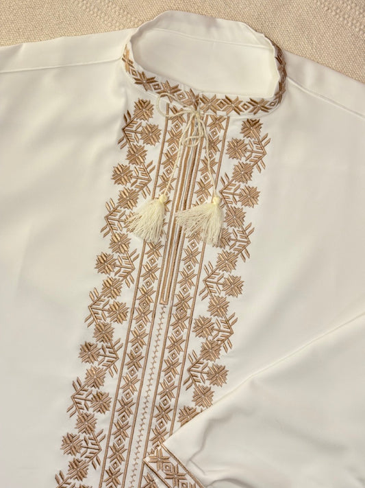 White Men's Vyshyvanka Shirt with Golden Embroidery