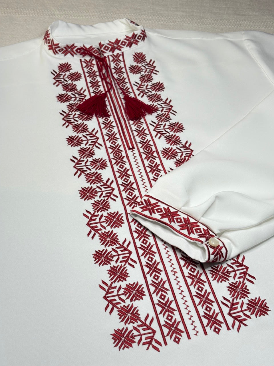 White Men's Vyshyvanka Shirt with Red Embroidery