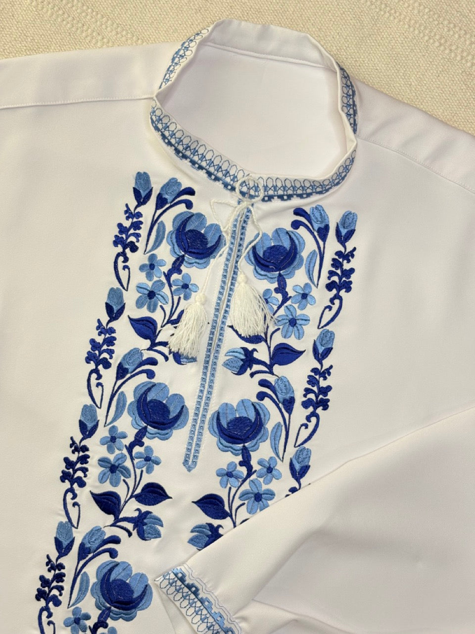 White Men's Vyshyvanka Shirt with Blue Flowers
