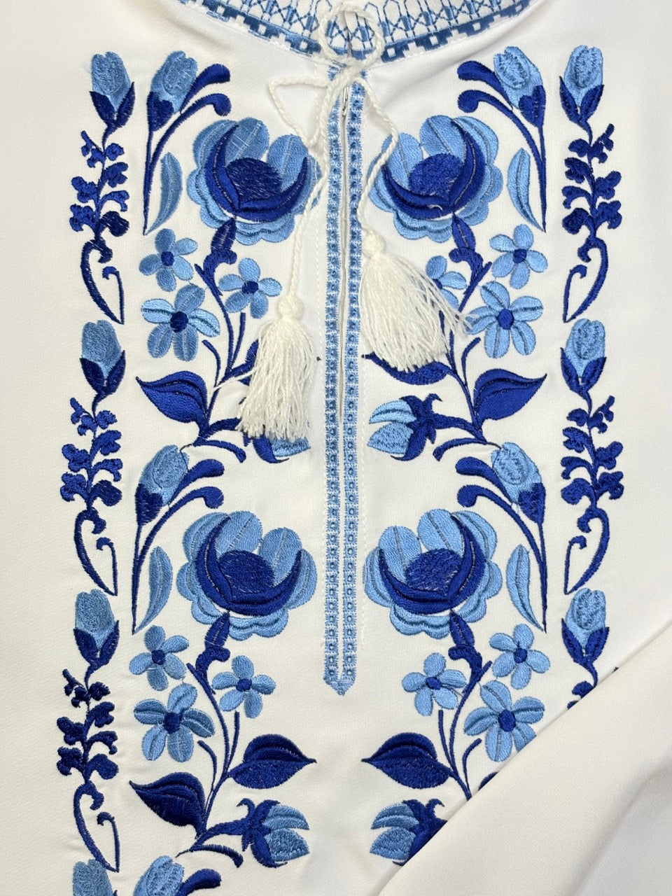 White Men's Vyshyvanka Shirt with Blue Flowers