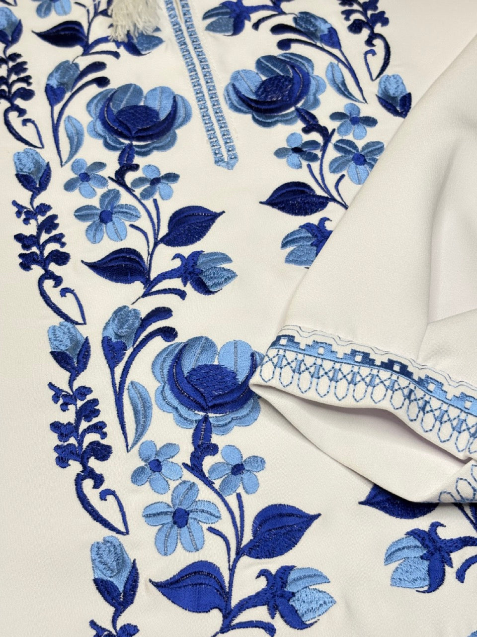 White Men's Vyshyvanka Shirt with Blue Flowers