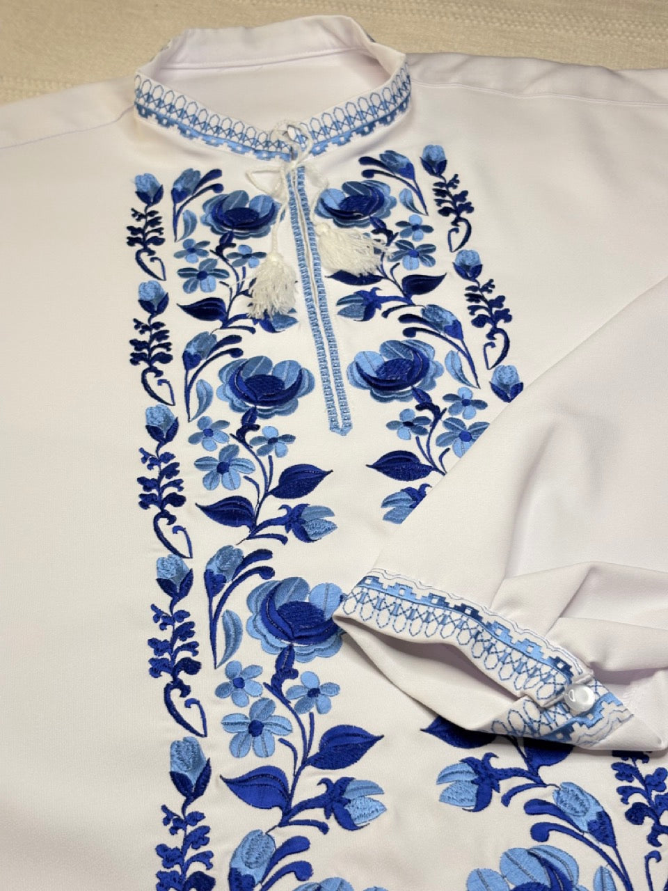 White Men's Vyshyvanka Shirt with Blue Flowers