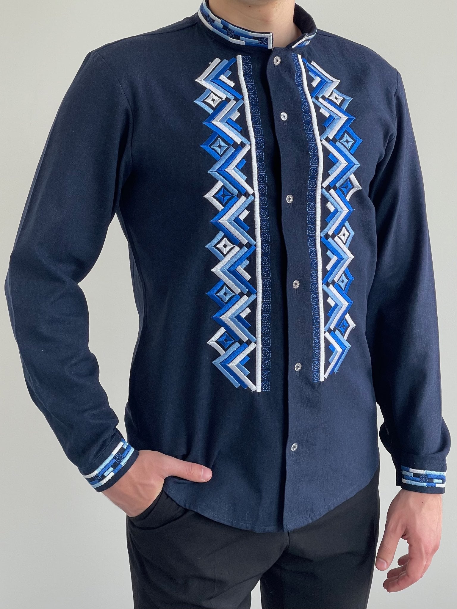 Blue Men's Vyshyvanka Shirt with White, Light Blue, and Dark Blue Embroidery (Чоловіча Вишиванка)