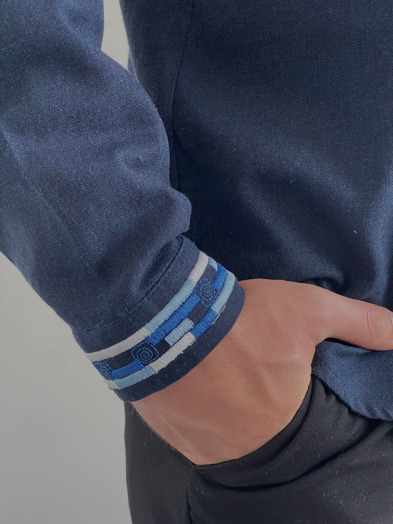 Blue Men's Vyshyvanka Shirt with White, Light Blue, and Dark Blue Embroidery (Чоловіча Вишиванка)