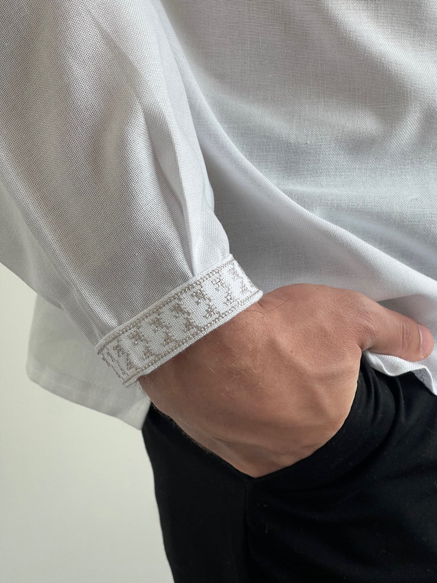 White Men's Vyshyvanka Shirt with Light Beige Embroidery