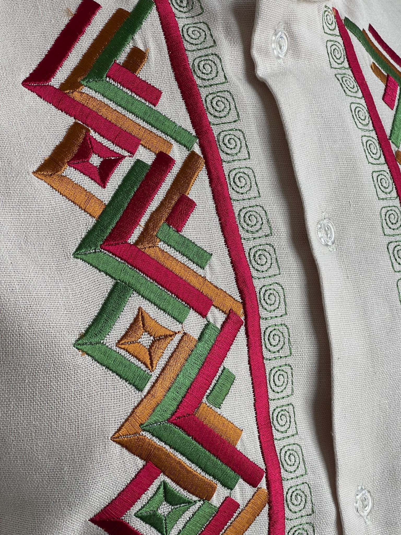 Beige Vyshyvanka with Red, Golden, and Green Embroidery (Чоловіча Вишиванка)