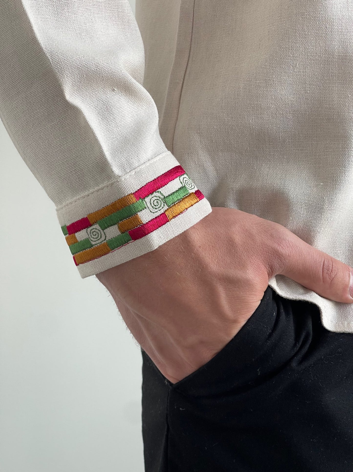 Beige Vyshyvanka with Red, Golden, and Green Embroidery (Чоловіча Вишиванка)