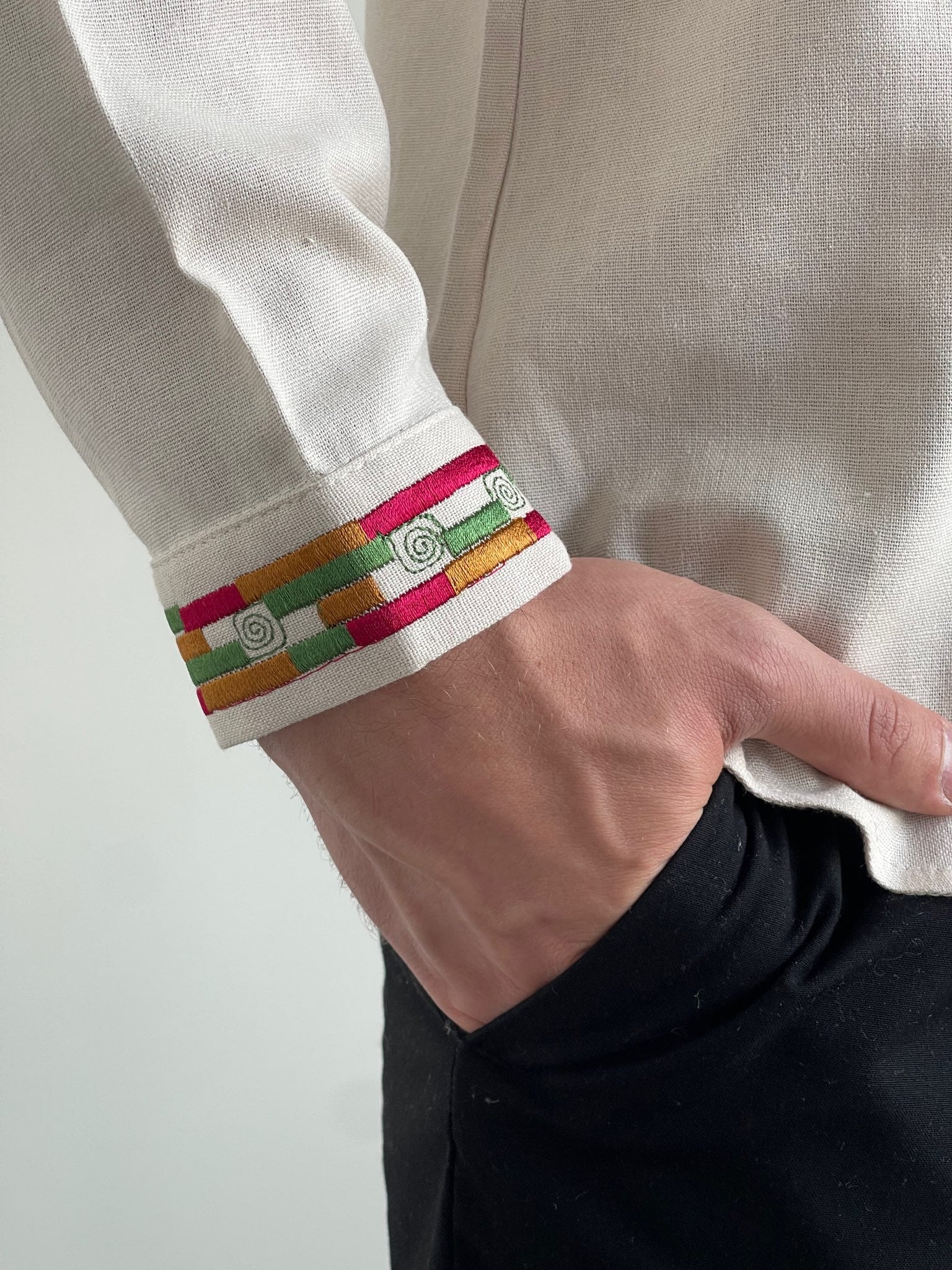 Beige Vyshyvanka with Red, Golden, and Green Embroidery (Чоловіча Вишиванка)