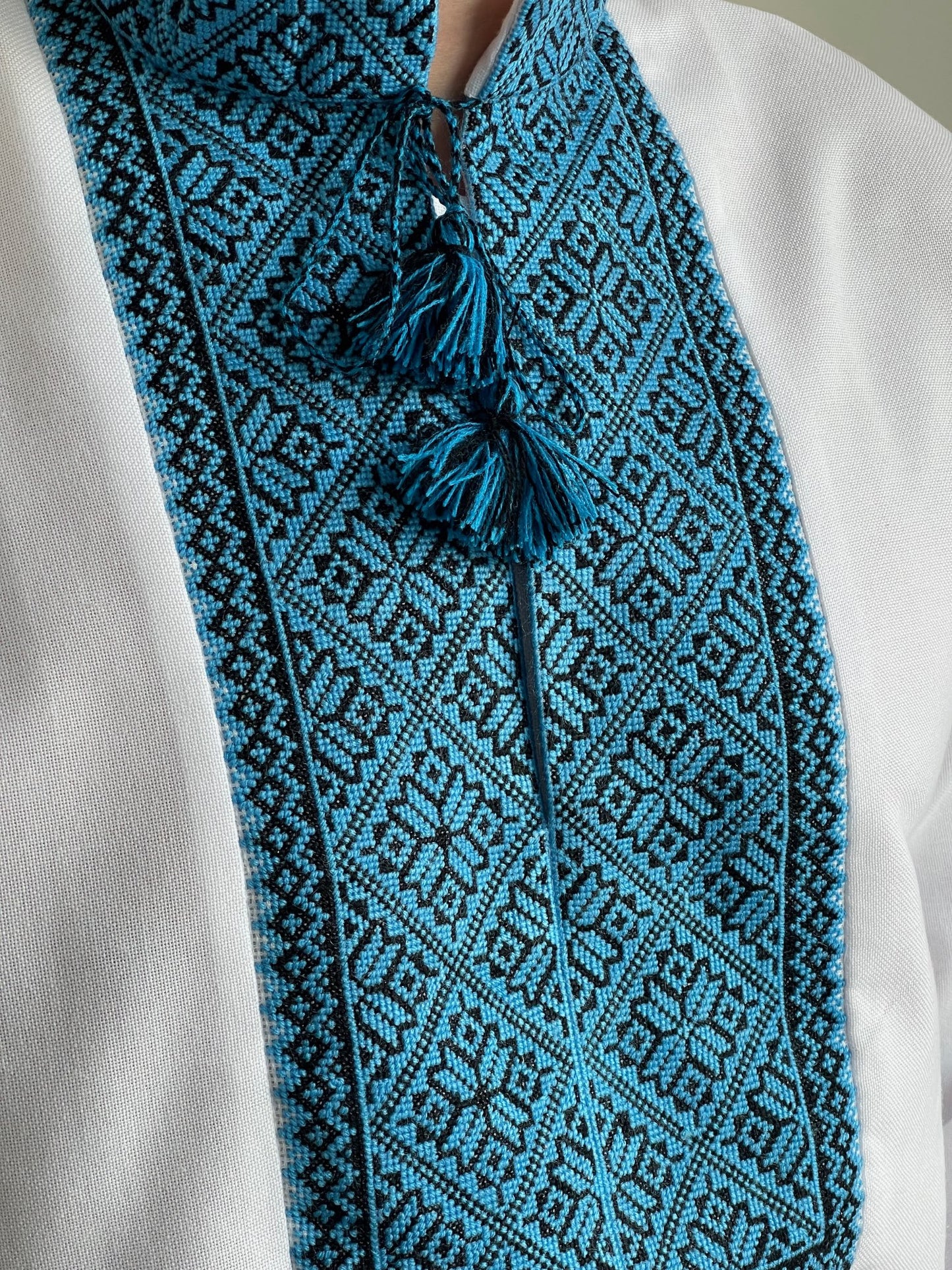 White Ukrainian Vyshyvanka for Men with Light Blue and Black Hand Embroidery