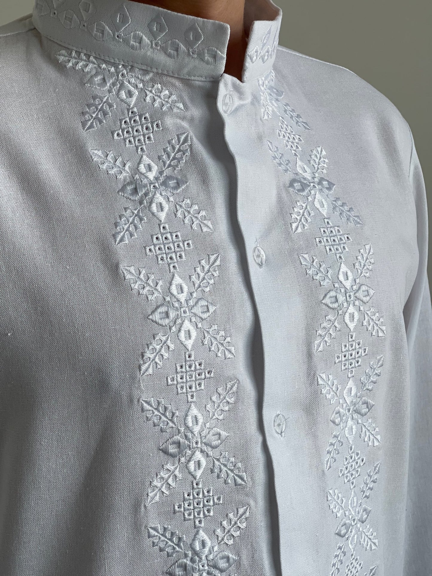White Men's Ukrainian Vyshyvanka with White Embroidery