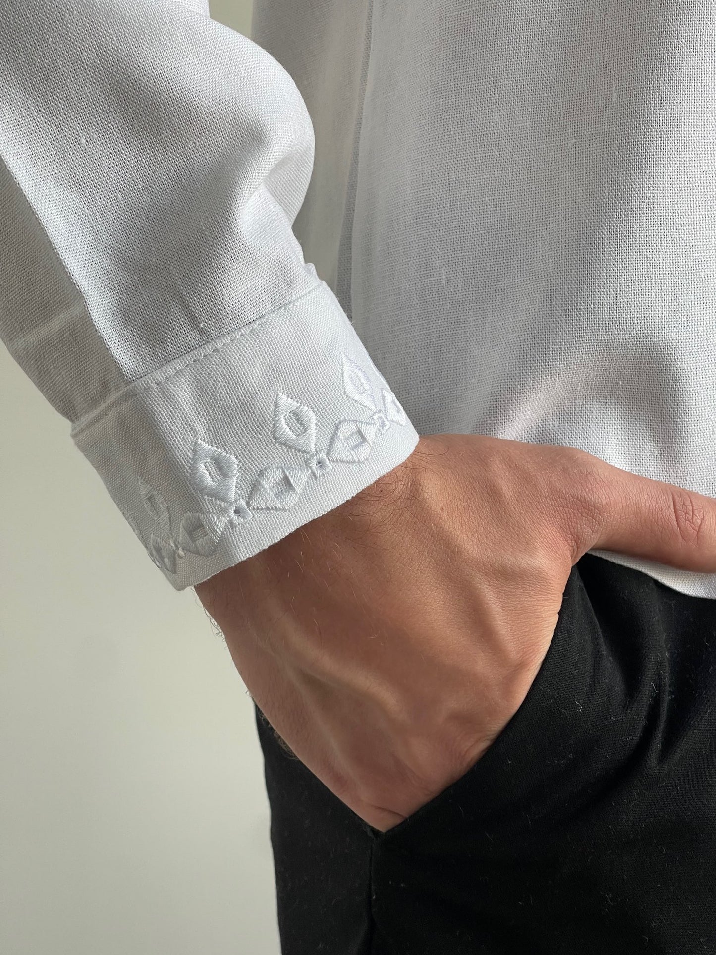 White Men's Ukrainian Vyshyvanka with White Embroidery