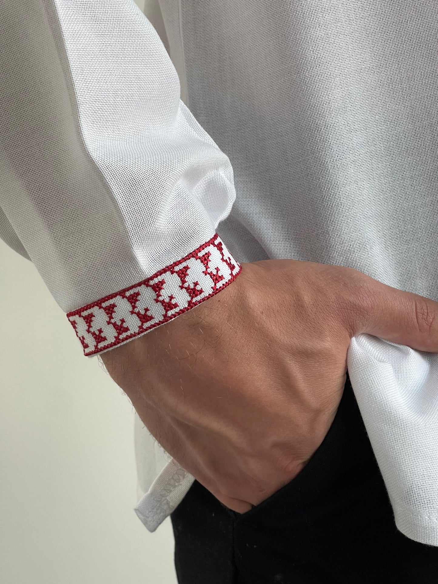 White Men's Vyshyvanka With Red Embroidery