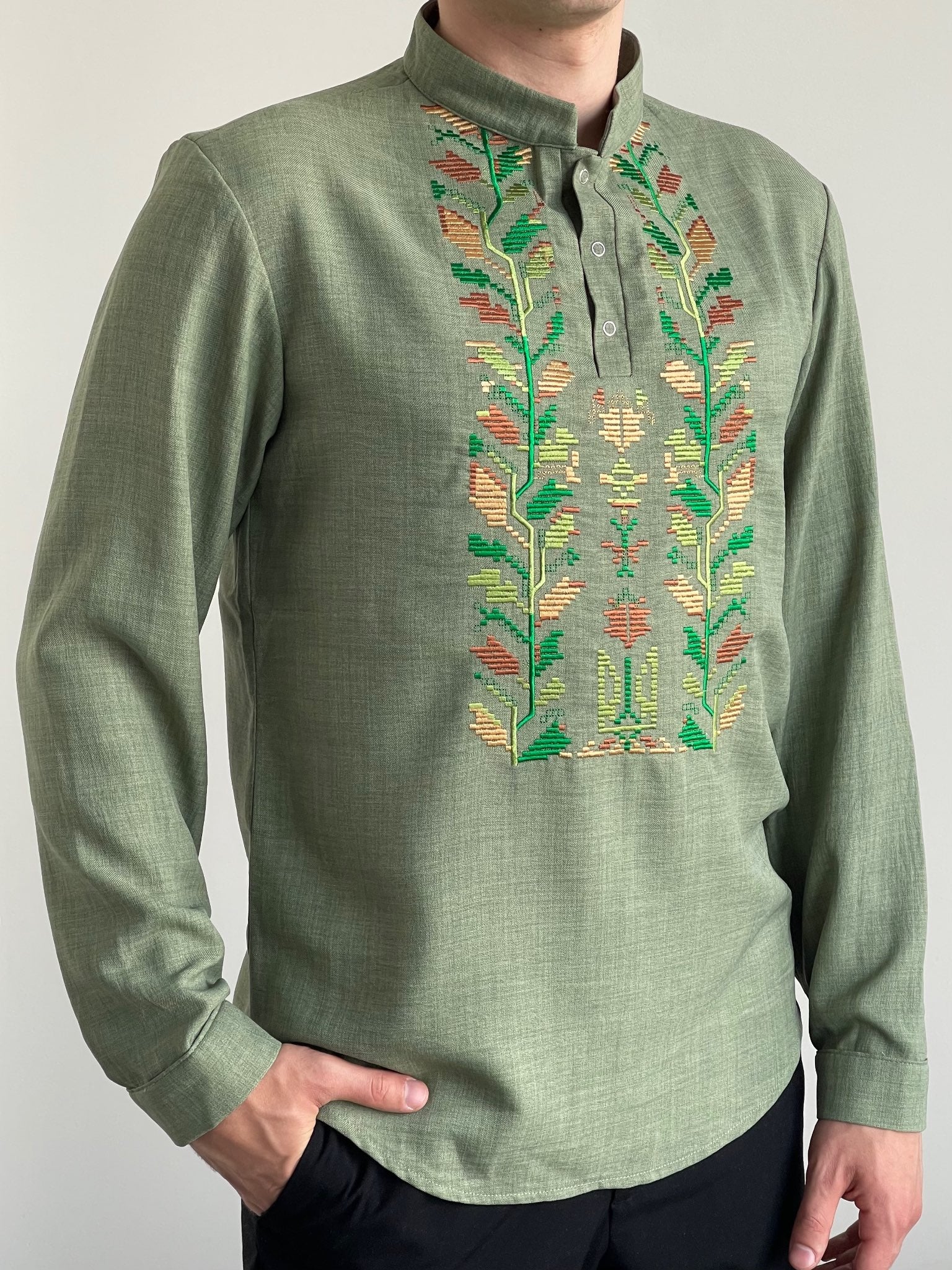 Light Green Embroidered Men's Vyshyvanka With Ukrainian Symbol on it (Чоловіча Вишиванка)
