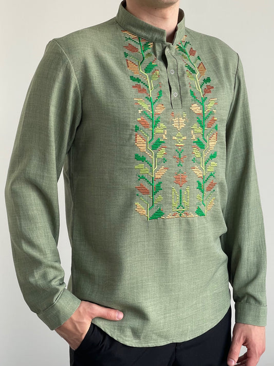 Light Green Embroidered Men's Vyshyvanka With Ukrainian Symbol on it (Чоловіча Вишиванка)