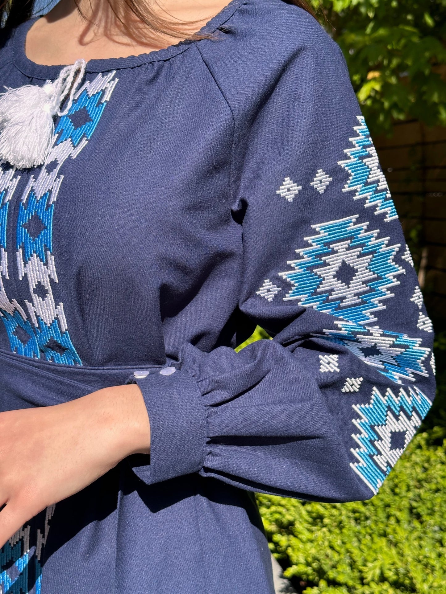 The Dark Blue Long Dress with Blue and White Embroidery