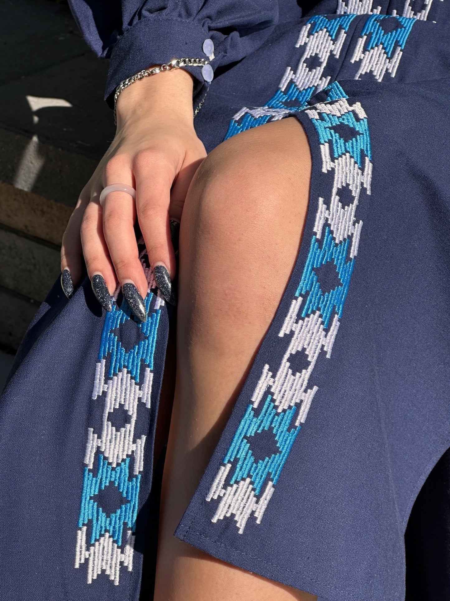 The Dark Blue Long Dress with Blue and White Embroidery