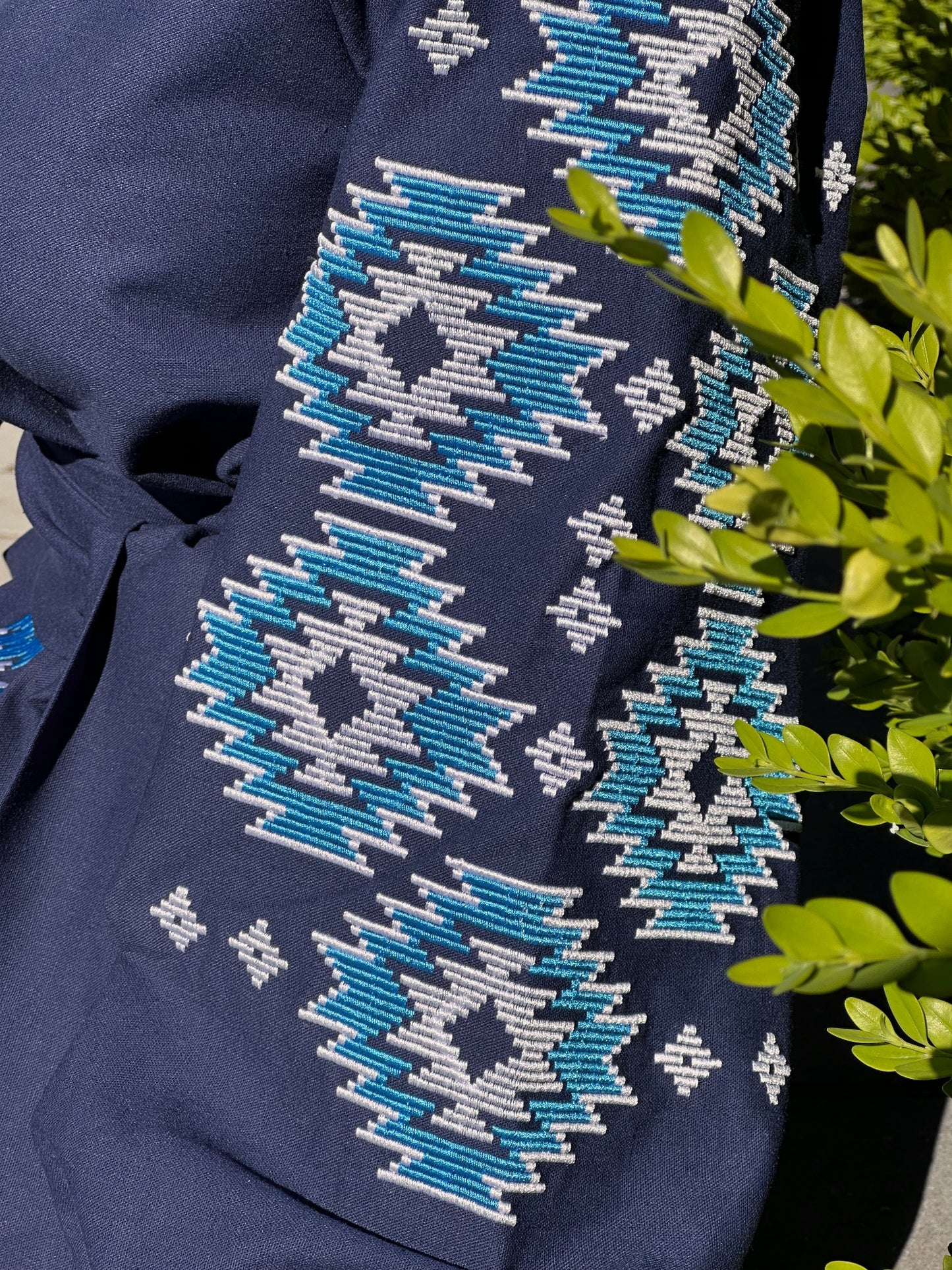 The Dark Blue Long Dress with Blue and White Embroidery