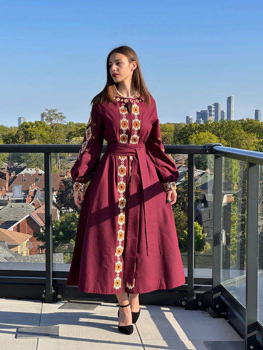 The Long Bordo Dress with Beige and Orange Embroidery